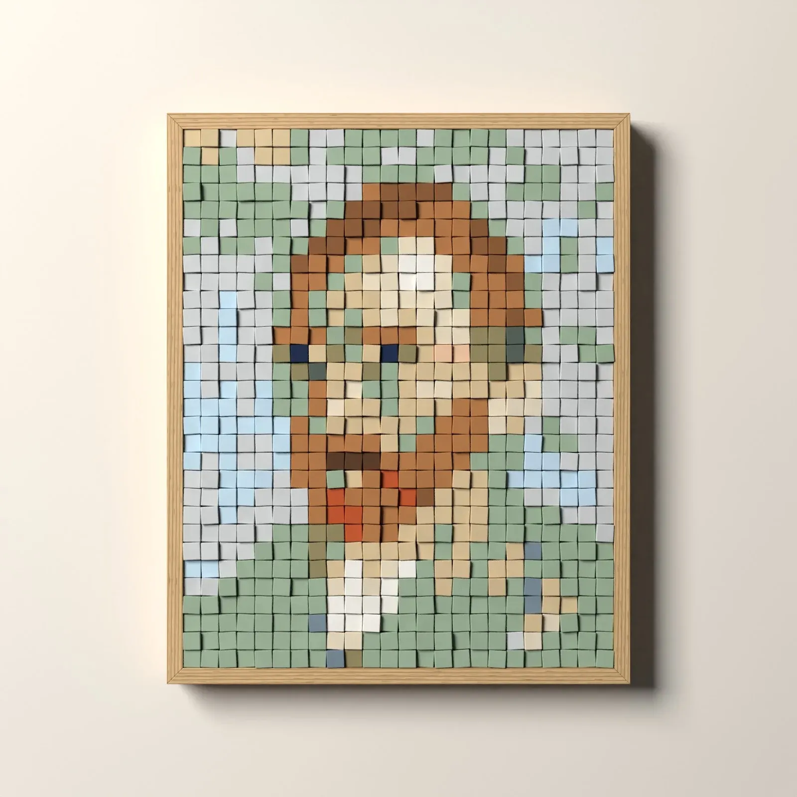 Autoportrait, rendu 3D du tableau en cubes de bois