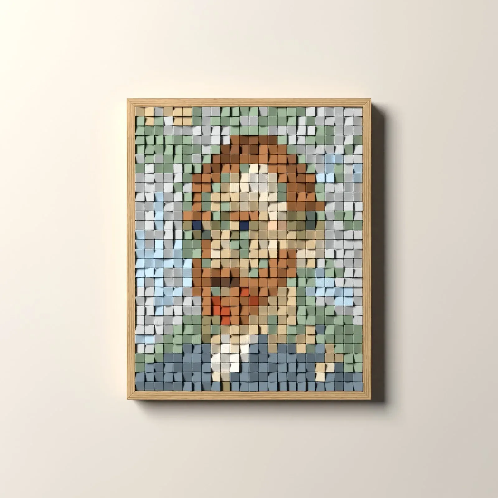 Autoportrait, rendu 3D du tableau en cubes de bois