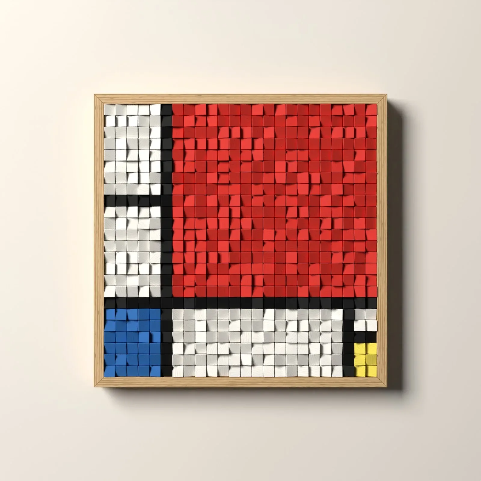 Composition II en rouge, bleu et jaune, rendu 3D du tableau en cubes de bois