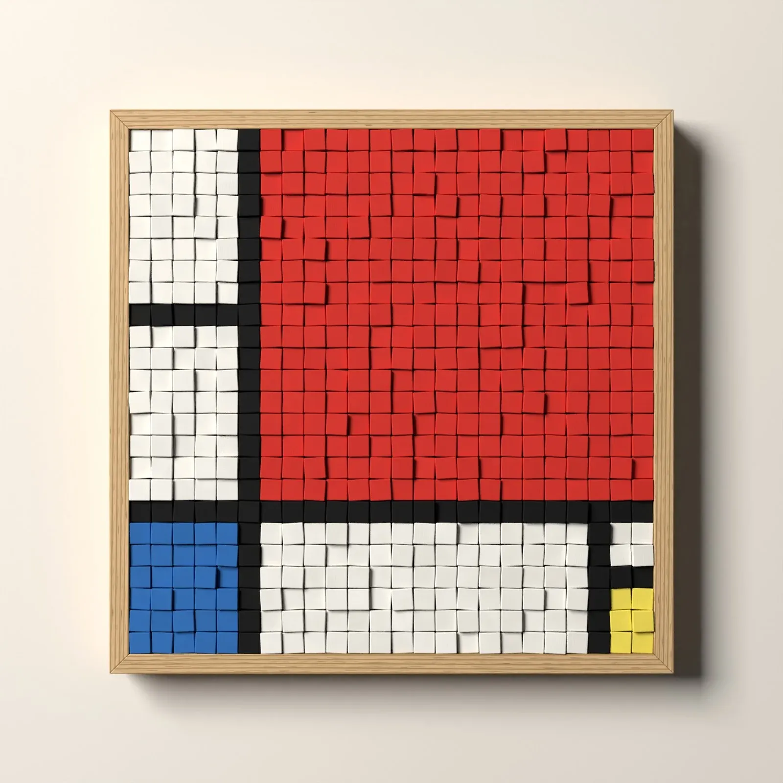 Composition II en rouge, bleu et jaune, rendu 3D du tableau en cubes de bois