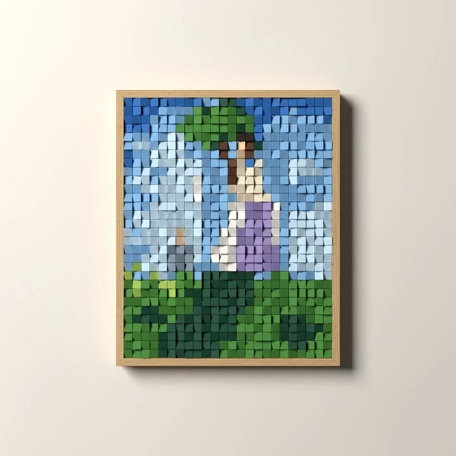 La Femme à l’ombrelle, rendu 3D du tableau en cubes de bois