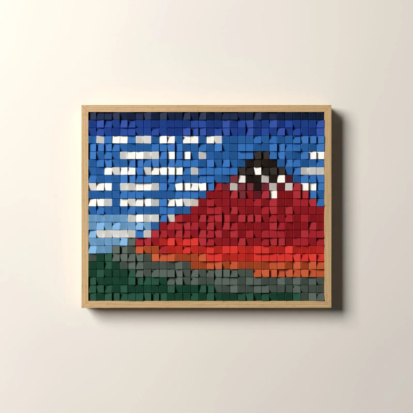 Le Fuji rouge, rendu 3D du tableau en cubes de bois