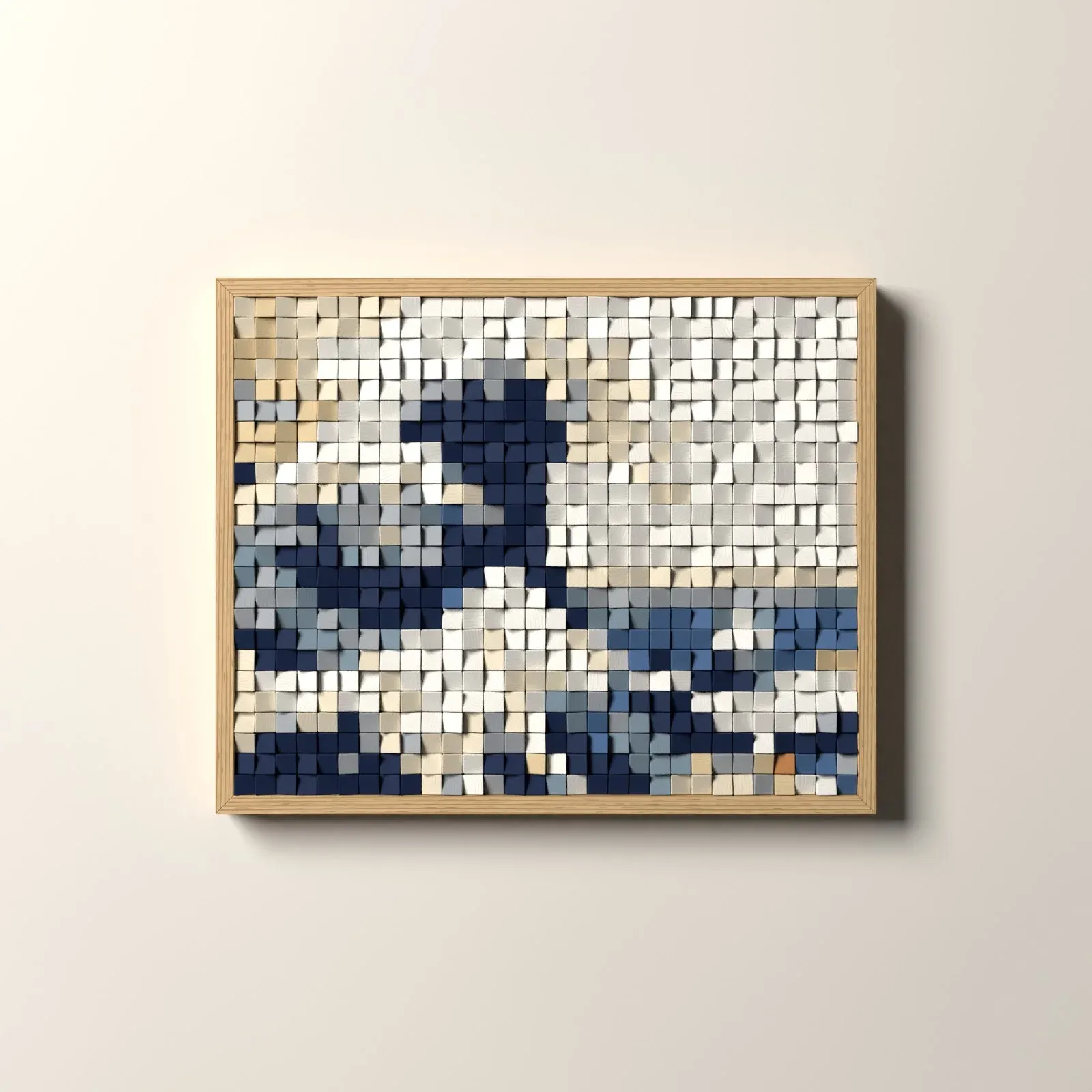 La Grande Vague de Kanagawa, rendu 3D du tableau en cubes de bois, cadre chêne clair