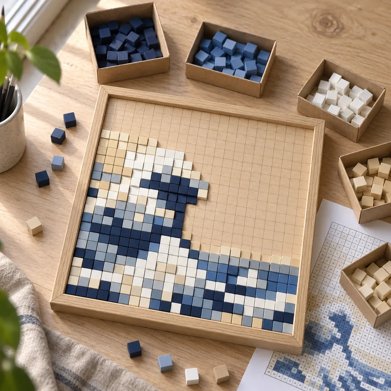 Kit pixel art : cubes de bois peints triés par teinte, plan numéroté et cadre