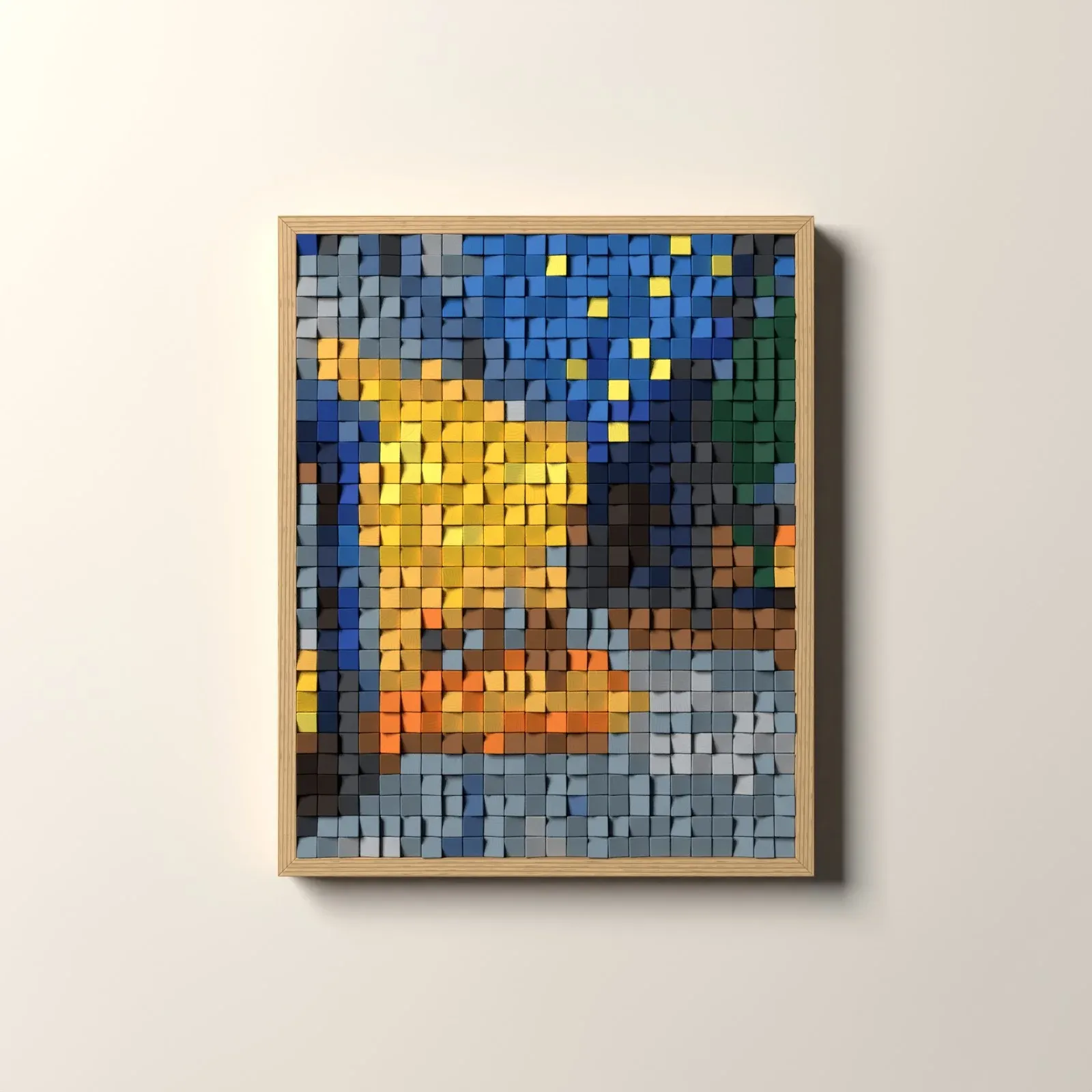 Terrasse du café le soir, rendu 3D du tableau en cubes de bois