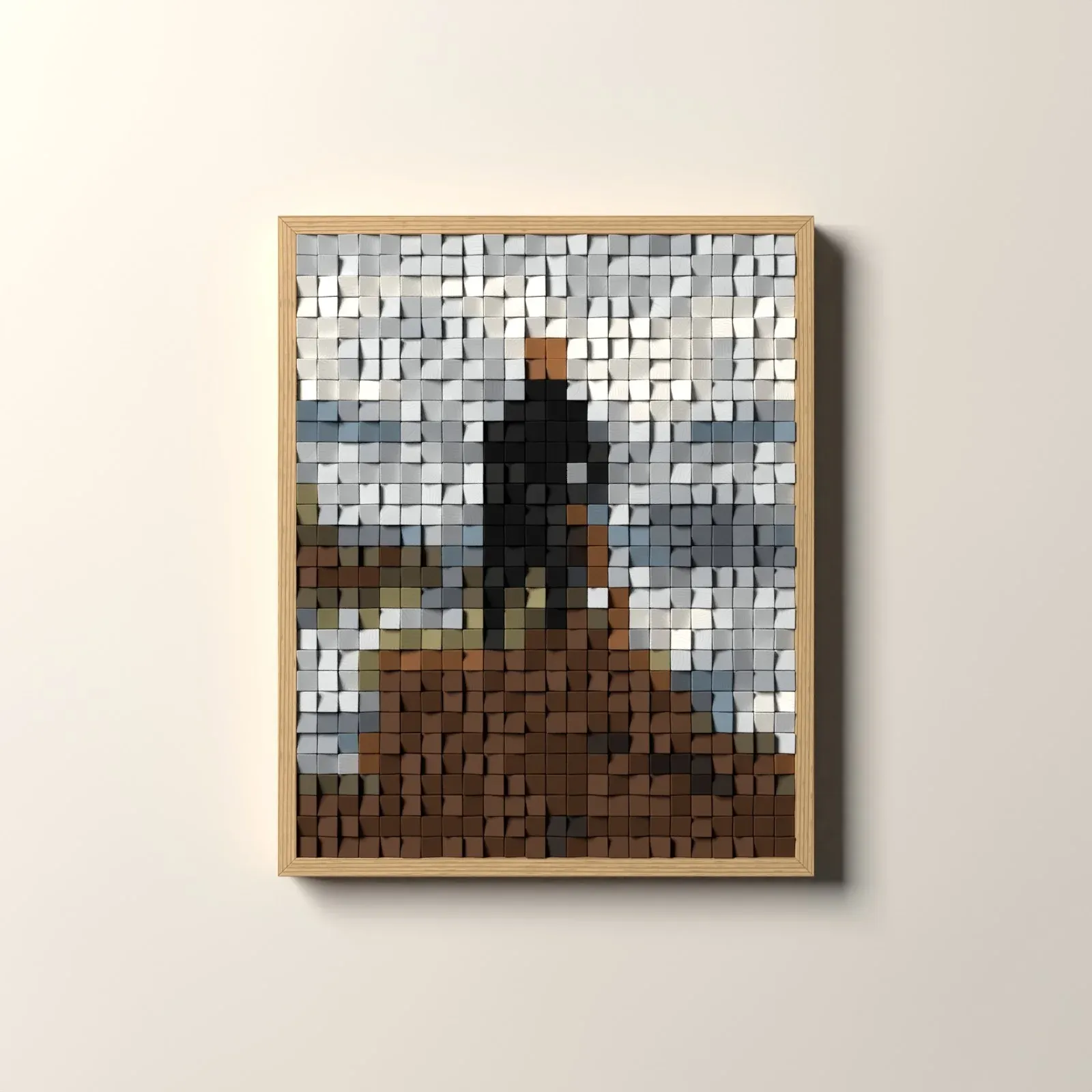 Le Voyageur contemplant une mer de nuages, rendu 3D du tableau en cubes de bois